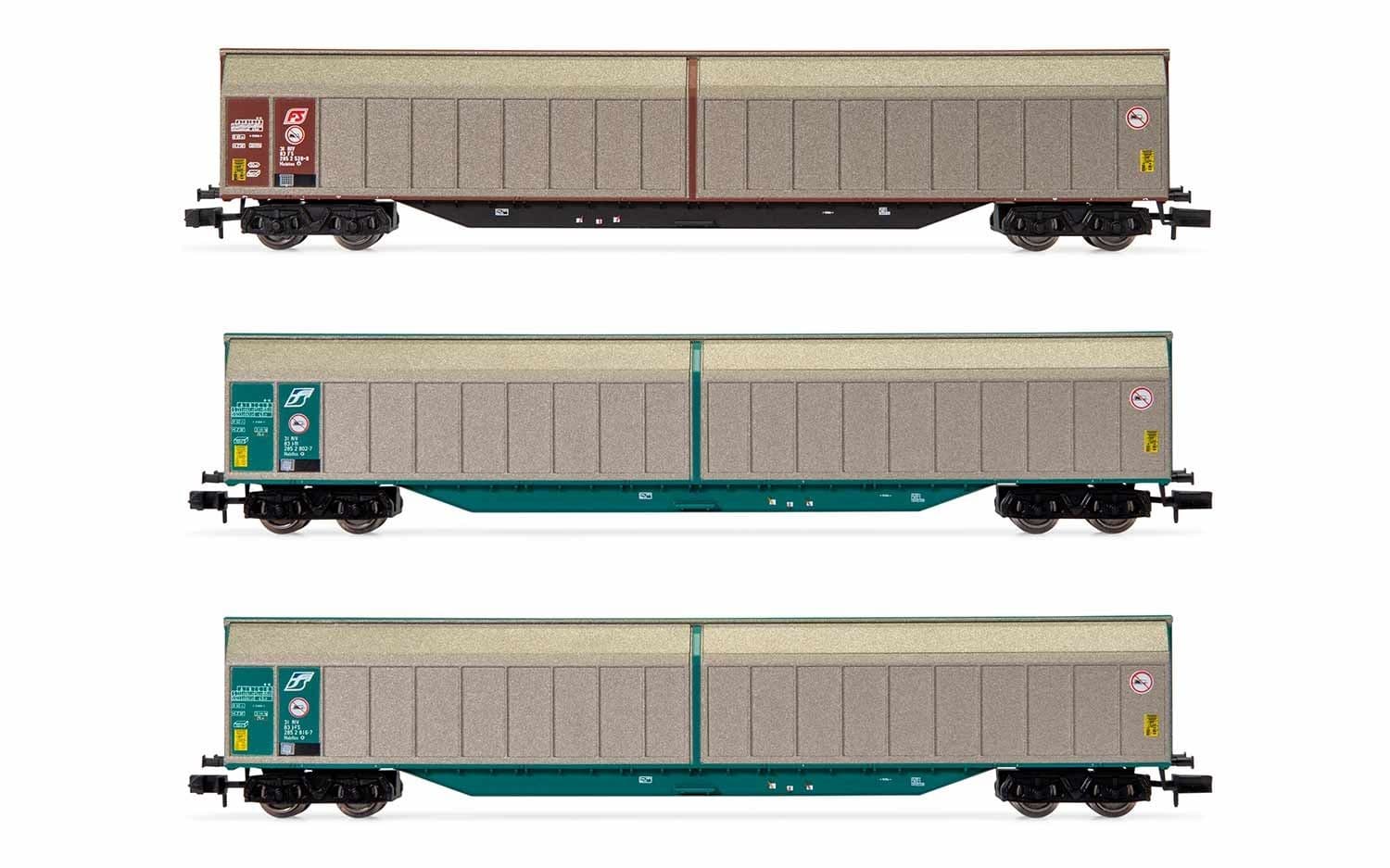 FS, 3-unit set 4-axle sliding-wall wagons Habills, silver/brown resp. silver/green livery, period IV-V