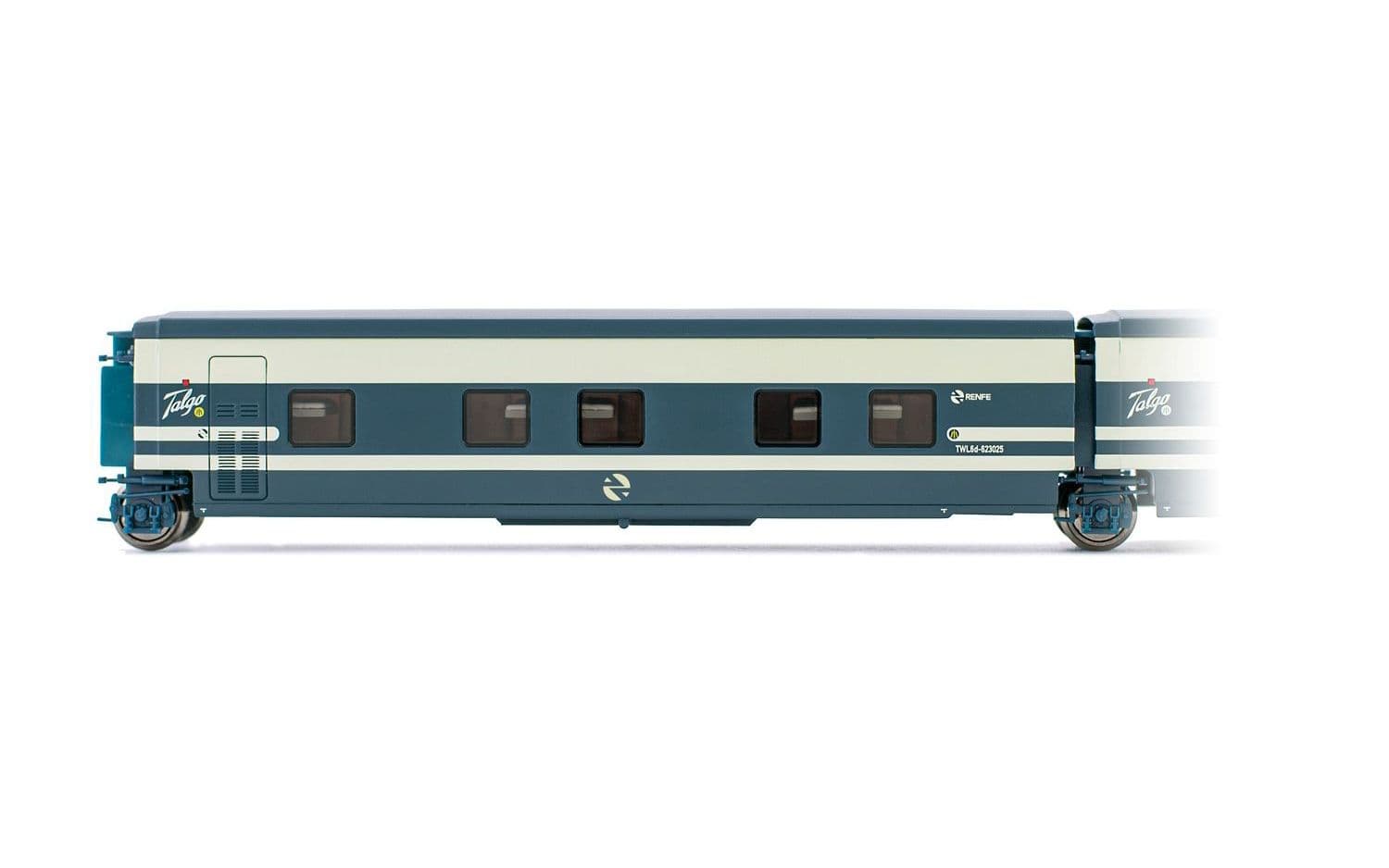 RENFE, Talgo Trenhotel, coche cama con la puerta con puerta a la izquierda, versíon original azul/beige, ép. IV