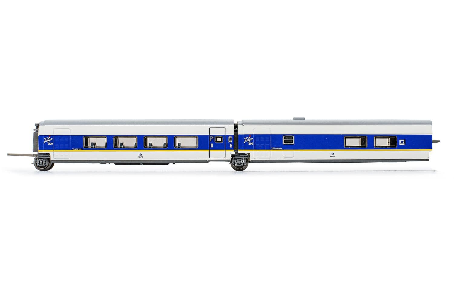 RENFE, 2-unit pack Talgo 200, 1st class + bar coach, white and blue livery with yellow stripe, ep. V