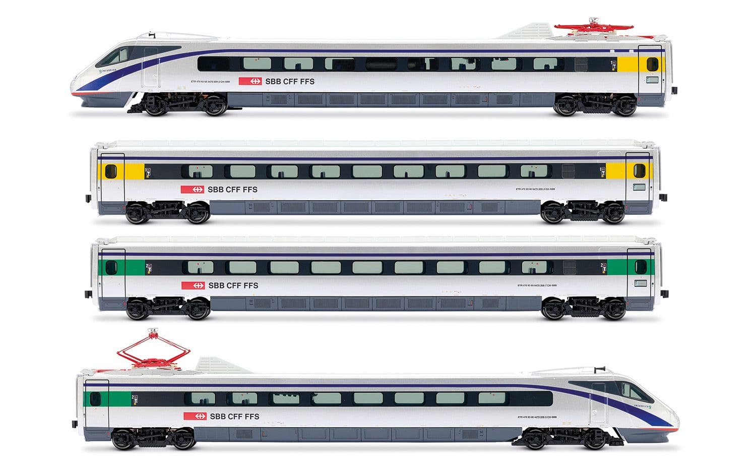 FFS, set base di 4 unità, treno ad alta velocità ad assetto variabile ETR 470, livrea argento con strisce blu, ep. V