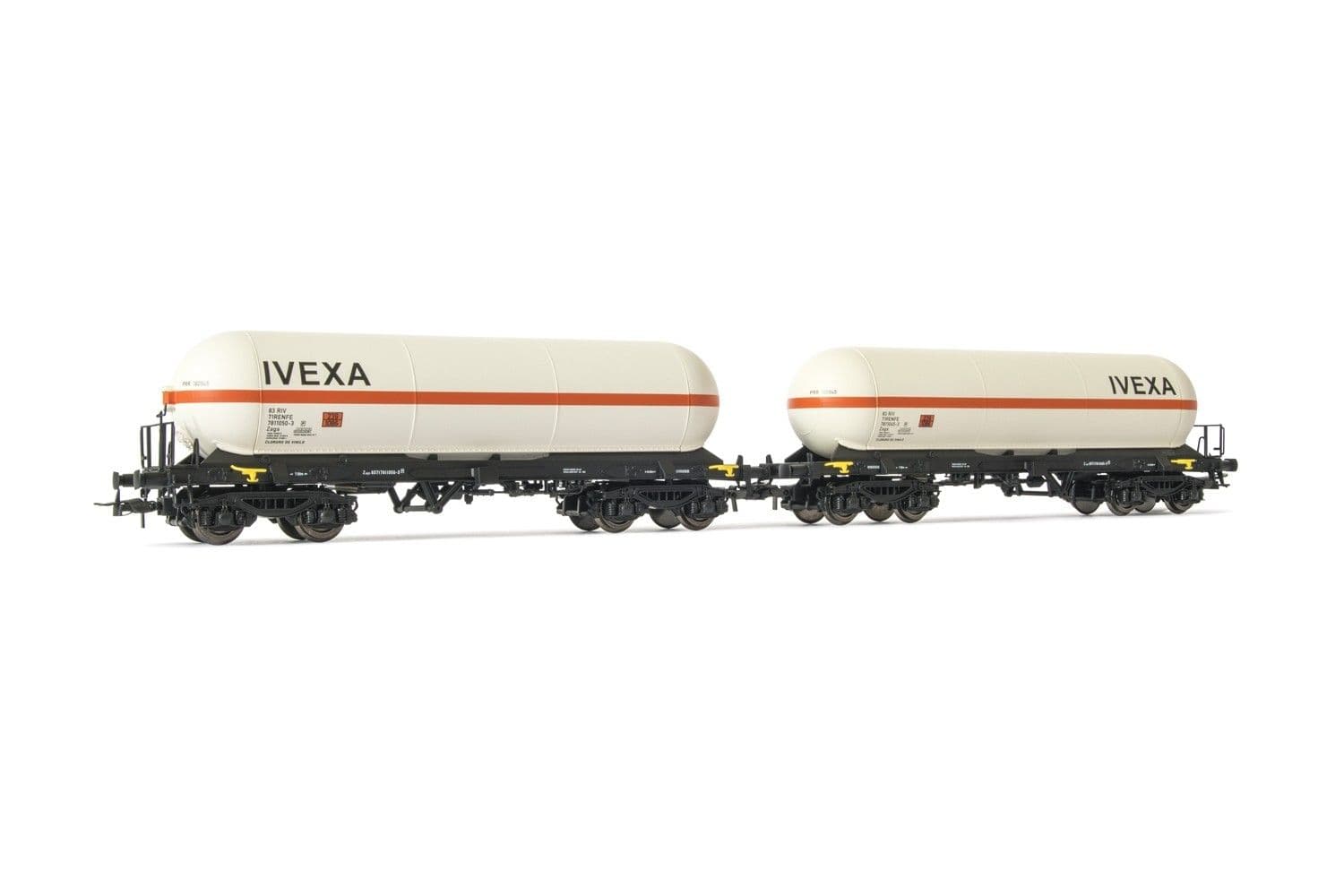 RENFE, set de 2 vagones cisterna de 4 ejes Zags, decoración "IVEXA", ép. V-VI