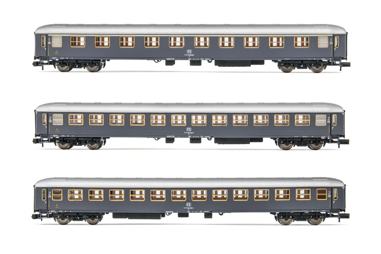 FS, coffret de 3 voitures UIC-X Type 1964, livrée "grigio ardesia", composé de 1 x voiture de 1ére classe et 2 x voitures 2éme classe, ép, IV