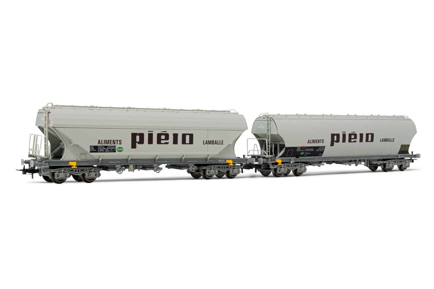 SNCF, 2-unit set of 4-axle hopper wagons with rounded and flat lateral side walls, "Piéto Lamballe" livery, period IV. Suitable AC wheelsets for this item: HC6100 (10,27 x 25,20 mm)