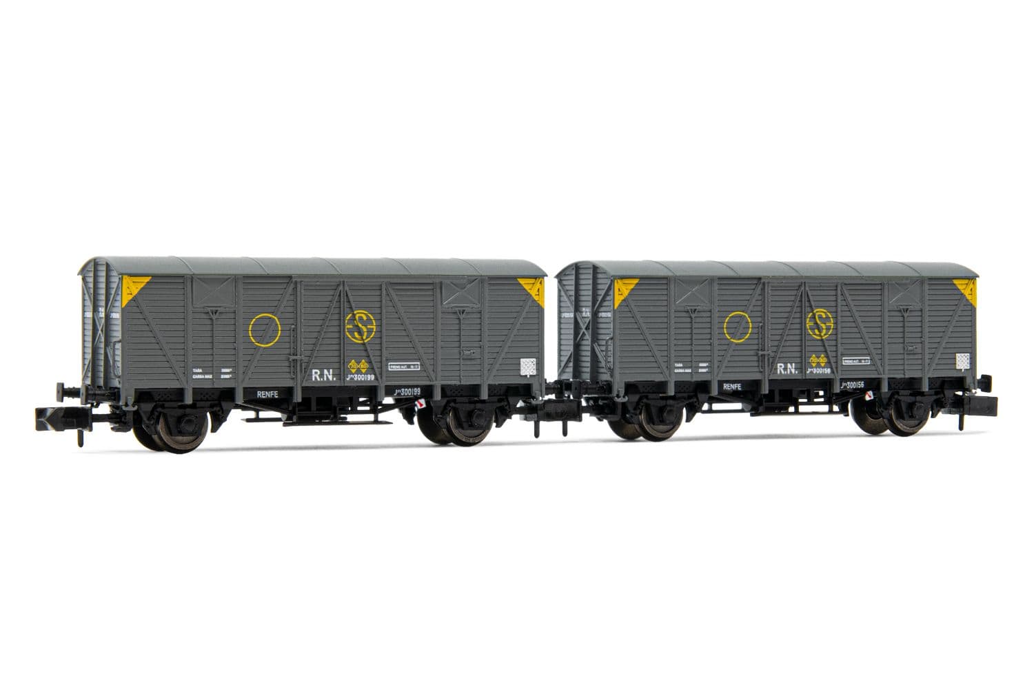 R.N, 2-unit set of 2-axle closed wagons J3, grey "Sindicato de la Naranja" livery, period III