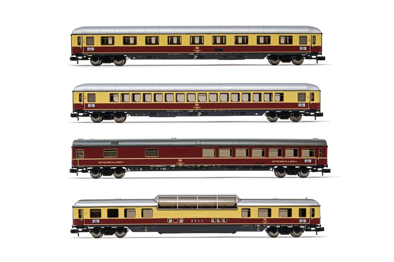 DB, coffret de 4 voitures "TEE- Rheinpfeil", livrée beige/rouge, composé de 1 x voiture Avümh, 1 x voiture Apümh, 1 x voiture Adümh et 1 x voiture Wrüm, ép. III-IV