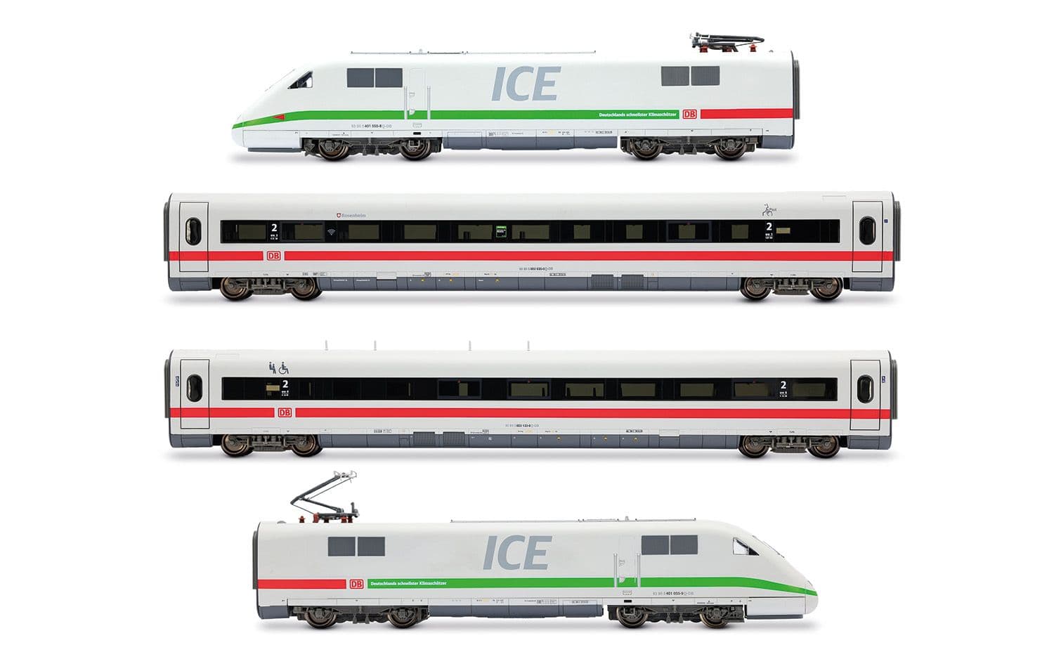 DB AG, ICE 1, Tz 155 „Rosenheim”, 4-tlg. Grundset (Lok, Dummy, je ein Wagen 1. + 2. Klasse), „Klimaschützer”