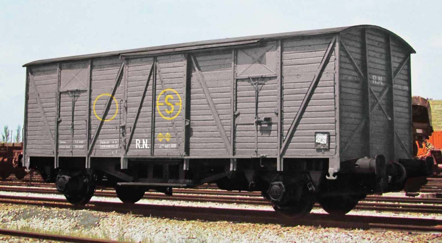 R.N, 2-unit set of 2-axle closed wagons J3, grey "Sindicato de la Naranja" livery, period III