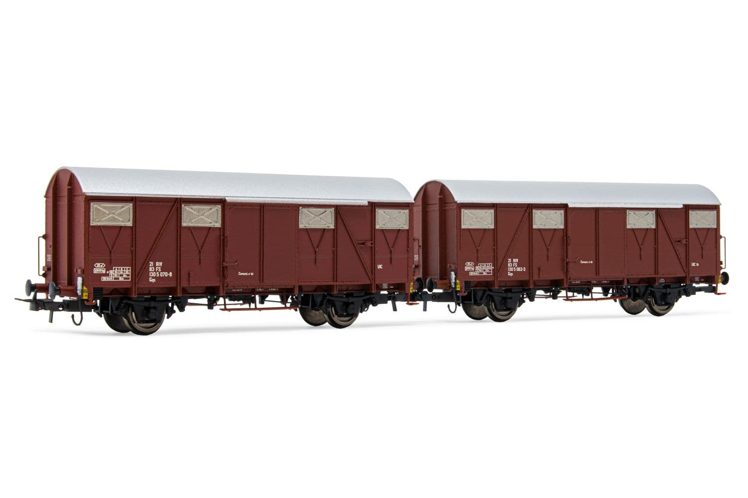 FS, 2-tlg. Set gedeckte Güterwagen Gs mit Plattenwänden, in brauner Lackierung, Ep. IV-V. Passende AC-Tauschradsätze: HC6101 (11,27 x 24,25 mm)