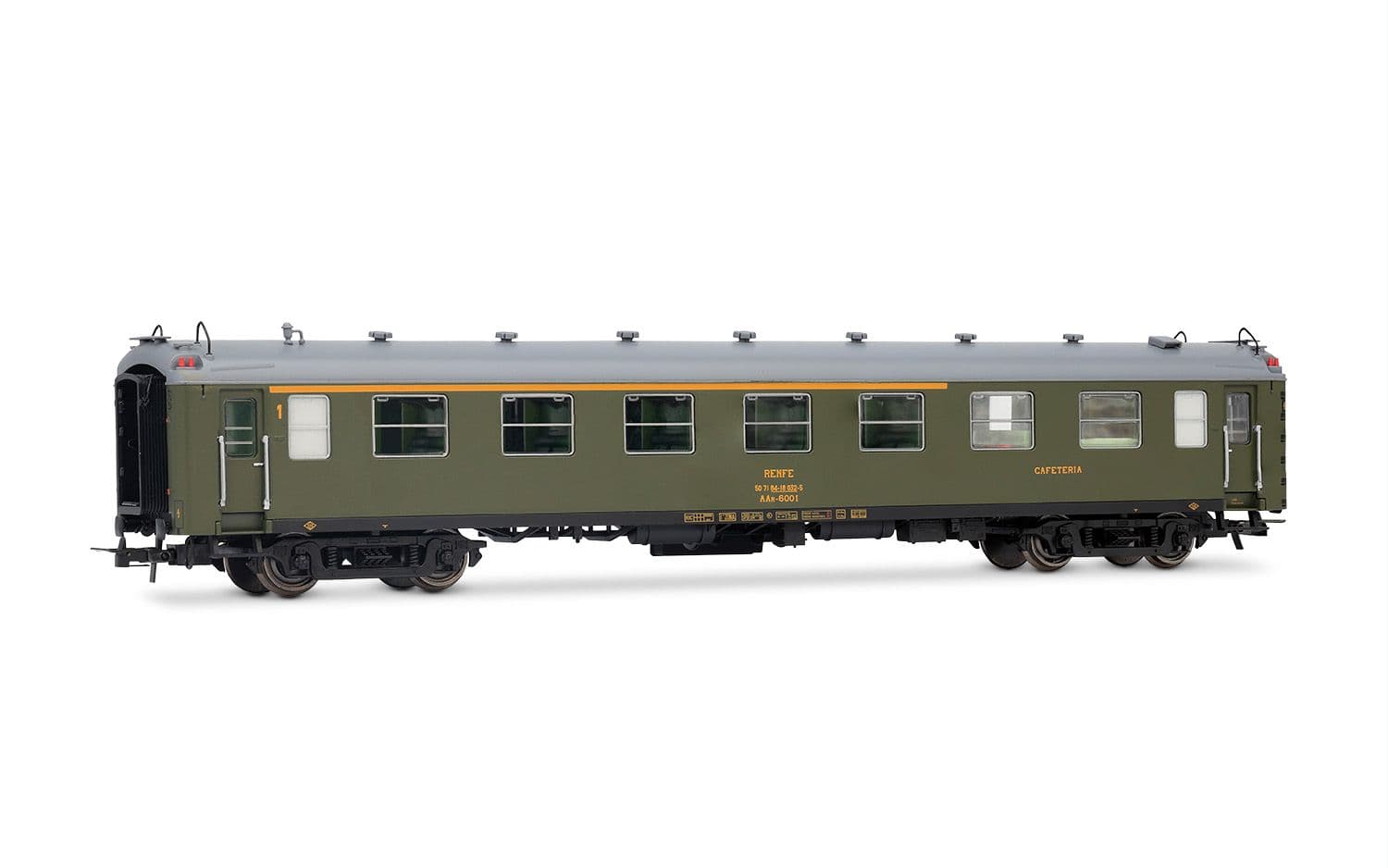 RENFE, 2-unit set of 5000 coaches, consisting of 1 x BBD4 baggage + 1 x AAR bar, with old bellows, in olive green livery, ep. IV