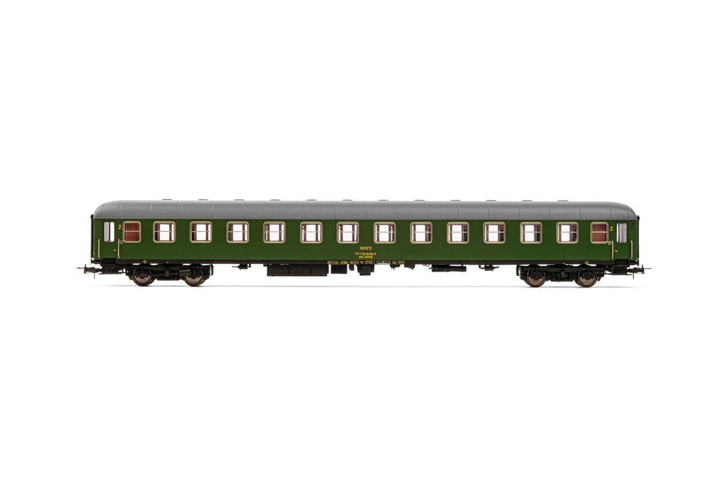 RENFE, coche BB-8500, decoración verde 2ª clase, ép. IV