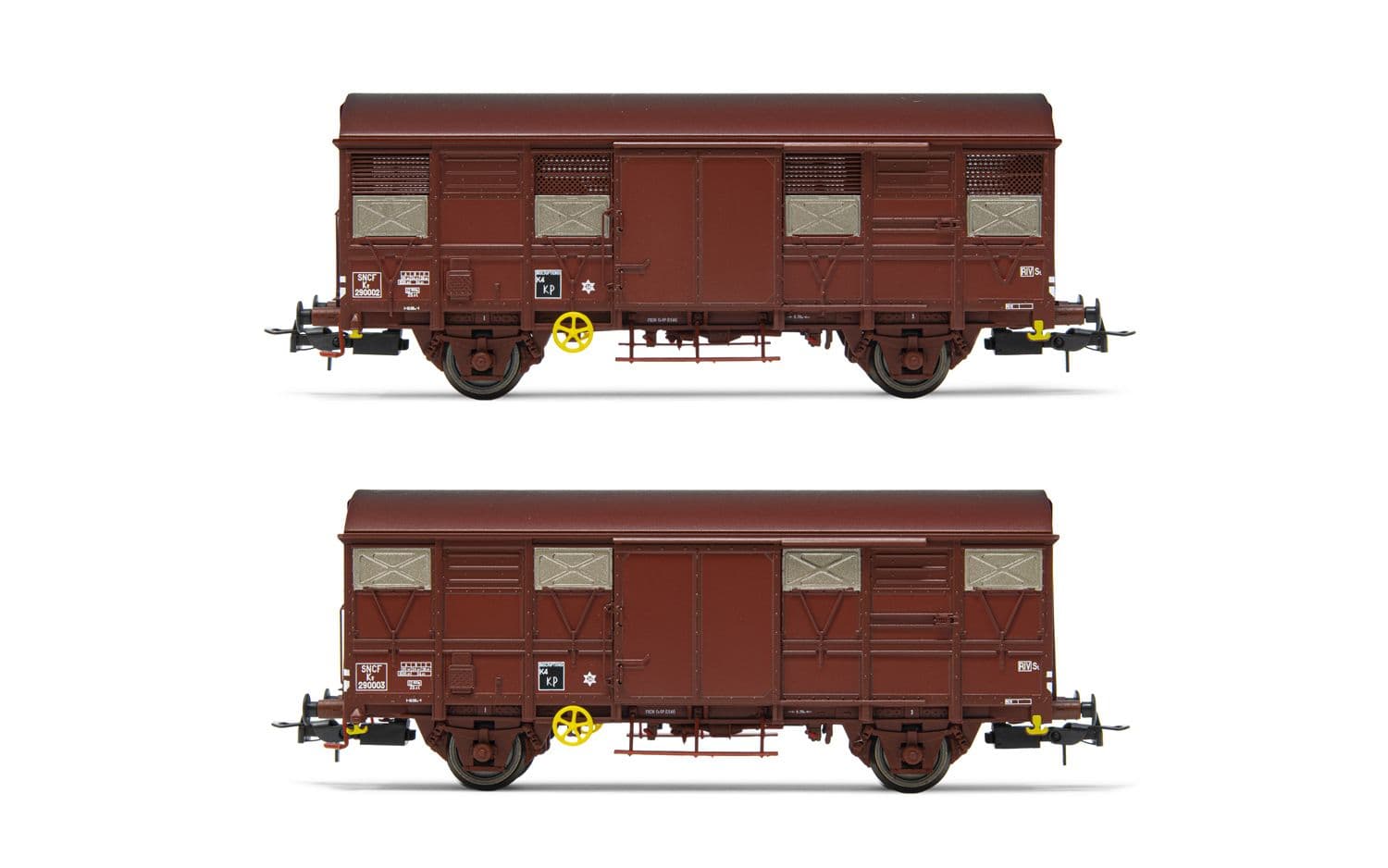 SNCF, coffret de 2 wagons fermés à 2 essieux Kv Permaplex, avec volets ouverts, livrée marron, ép. III