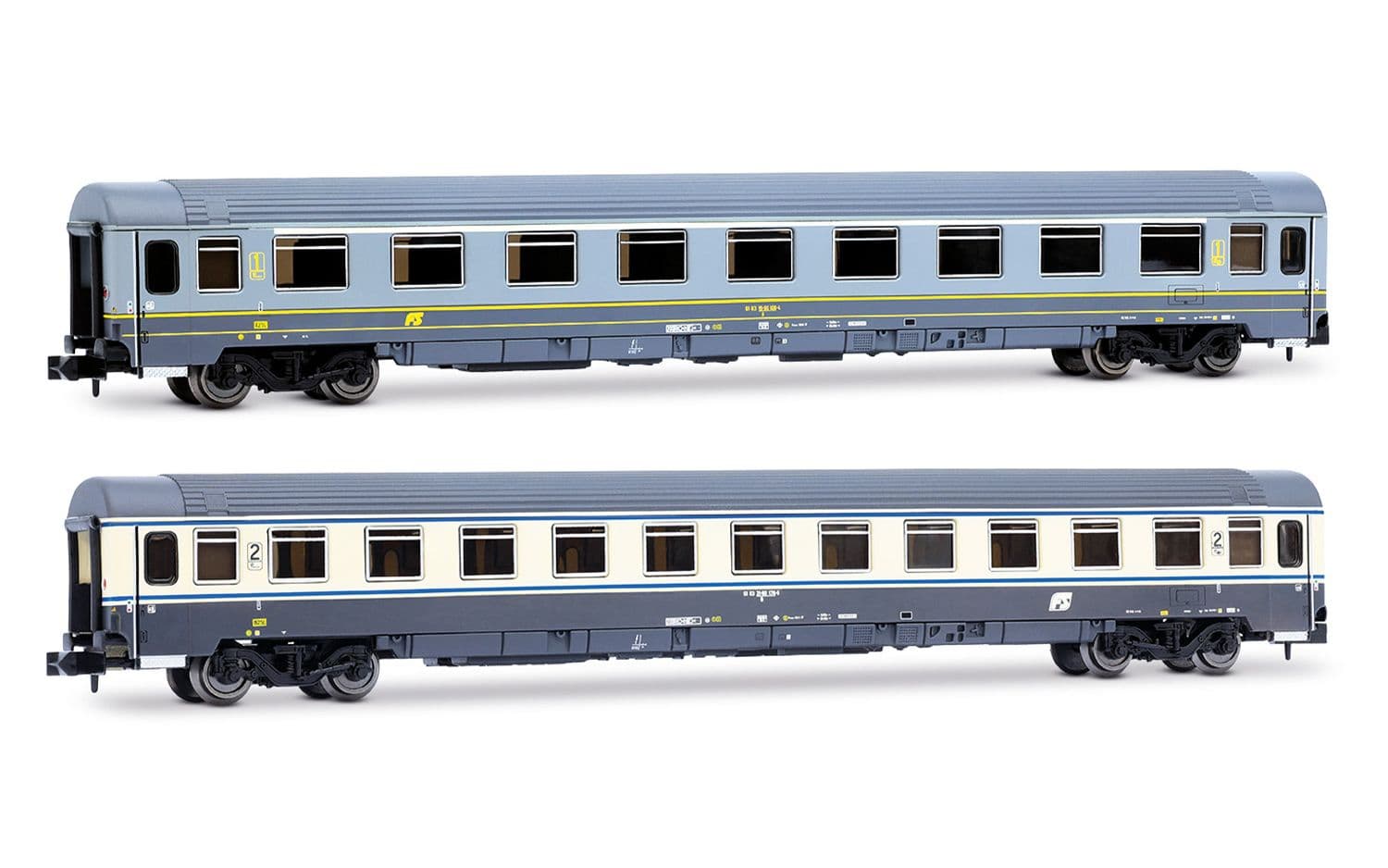 FS, 2-tlg. Set UIC-Z1-Wagen, bestehend aus 1.-Klasse-Wagen in grau/gelber Farbgebung + 2.-Klasse-Wagen in „Bandiera“ Farbgebung, Ep. V