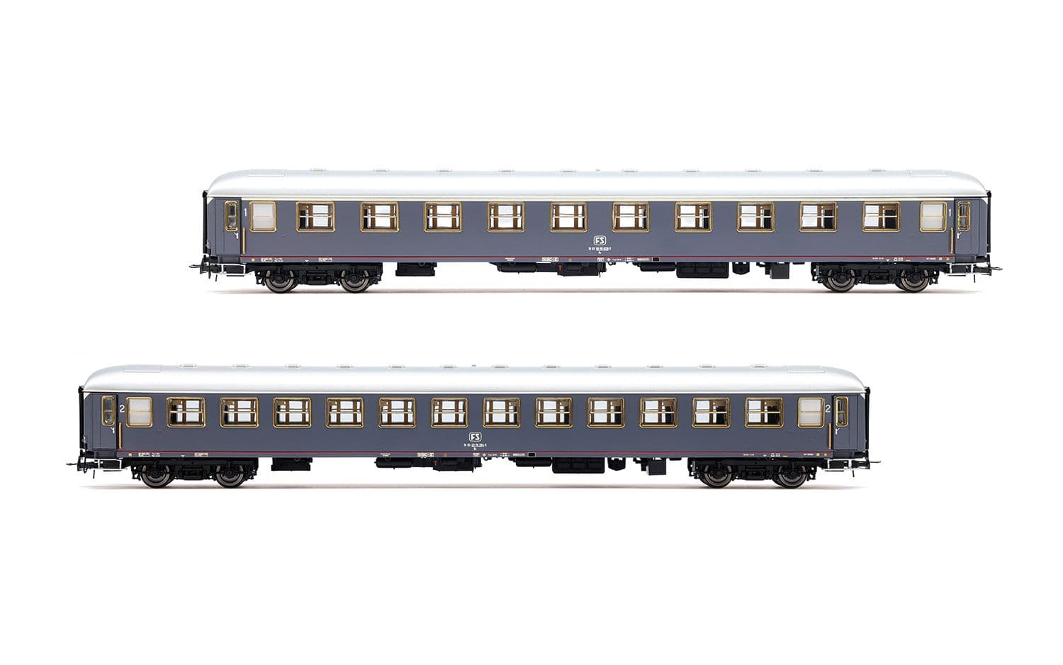 FS, 2-tlg. Set „Rapido 904-905”, UIC-X '68 1. + 2. Klasse, MD50-Drehgestelle, grau mit rotem Streifen