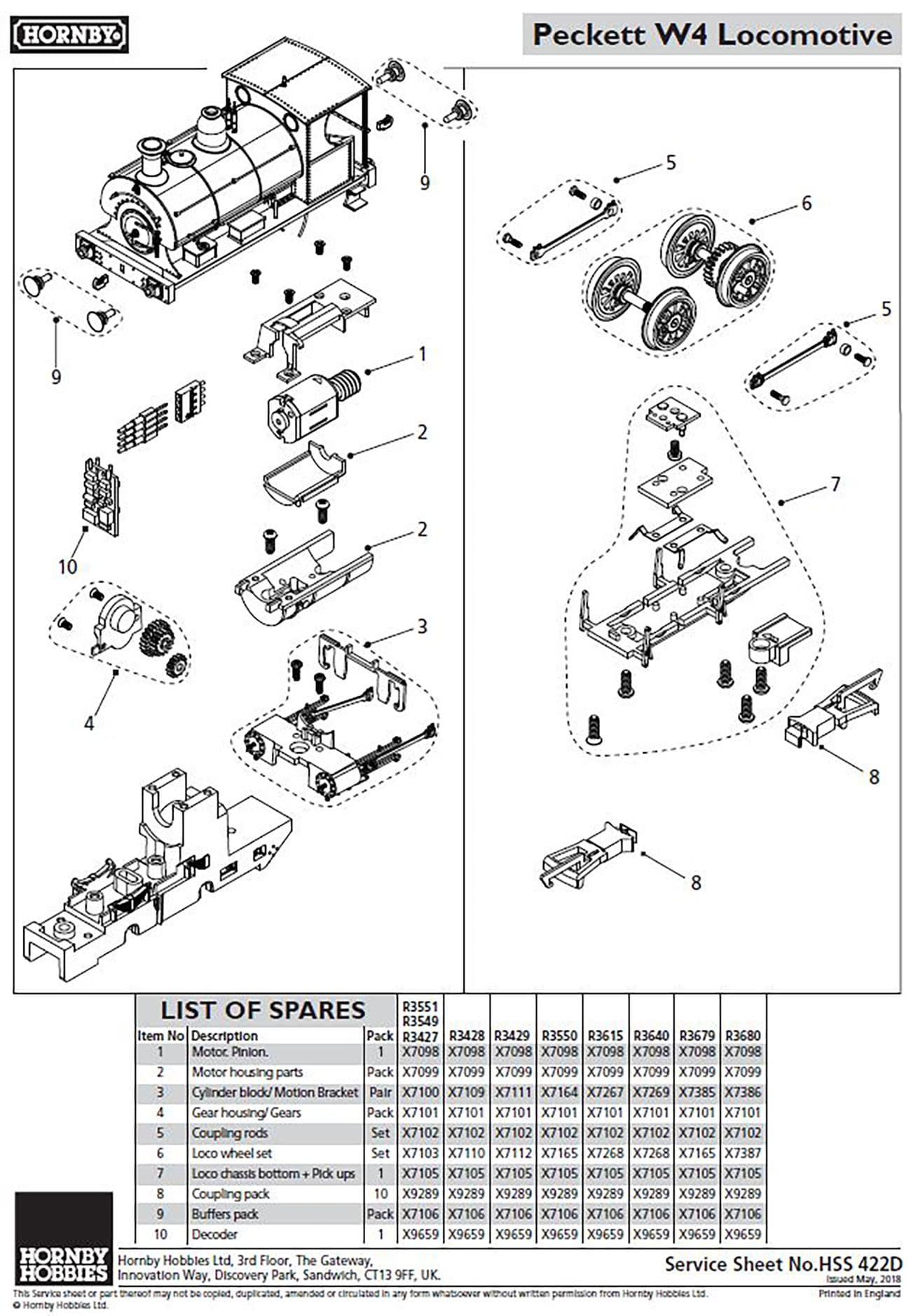 Peckett W4 Locomotive Loco chassis bottom + Pick ups