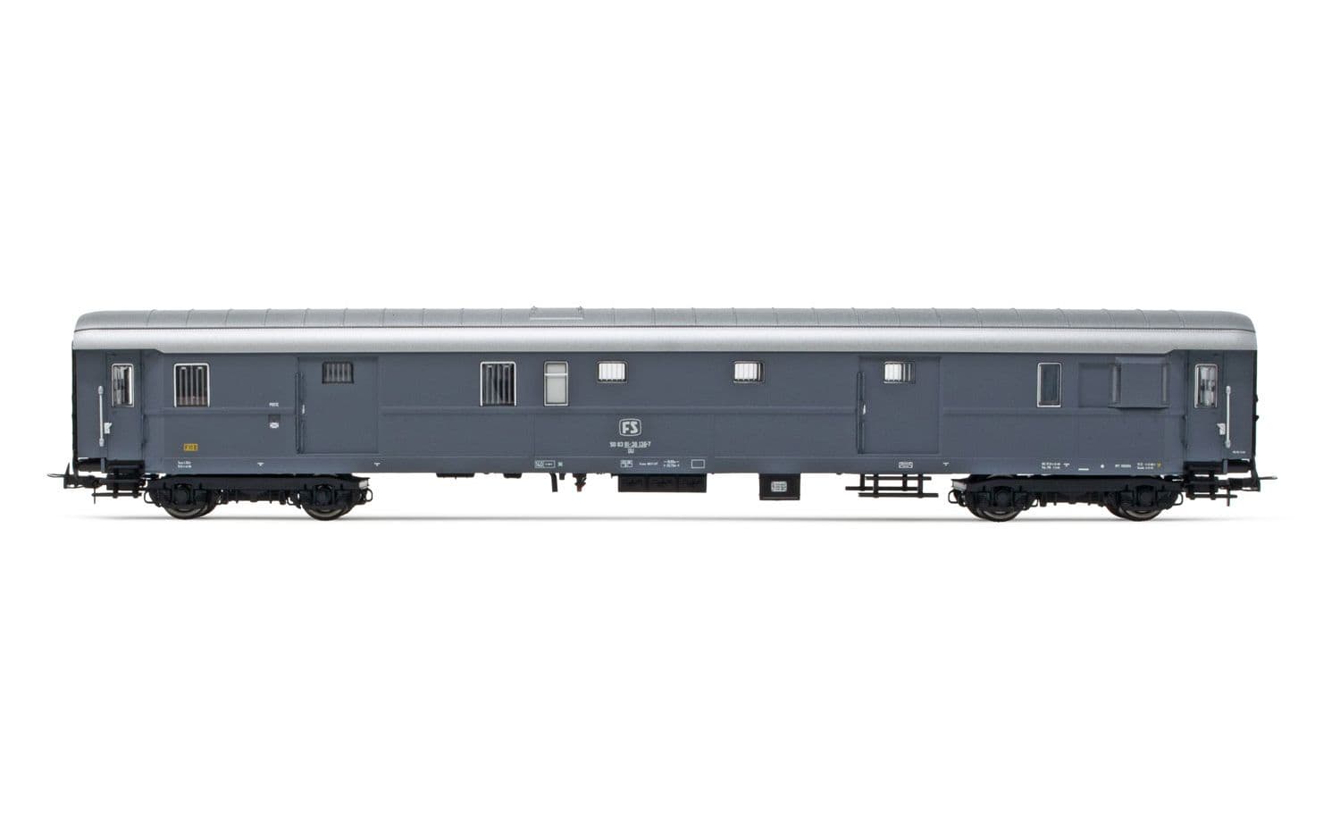 FS, luggage van Dz 83000 with bogies 27, grey livery, period IV. Suitable AC wheelsets for this item: HC6102 (10,50 x 24,50 mm)