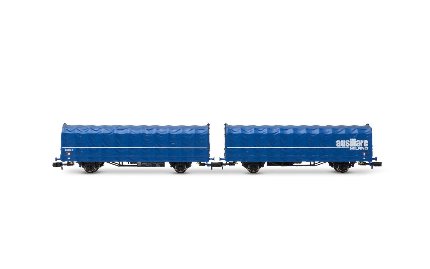FS, kurzgekuppelter Schiebeplanen-Doppelwagen (2 x 2 Achsen) der Bauart Laails 2, „Ausiliare Milano“, blaue Farbgebung, Ep. IV-V