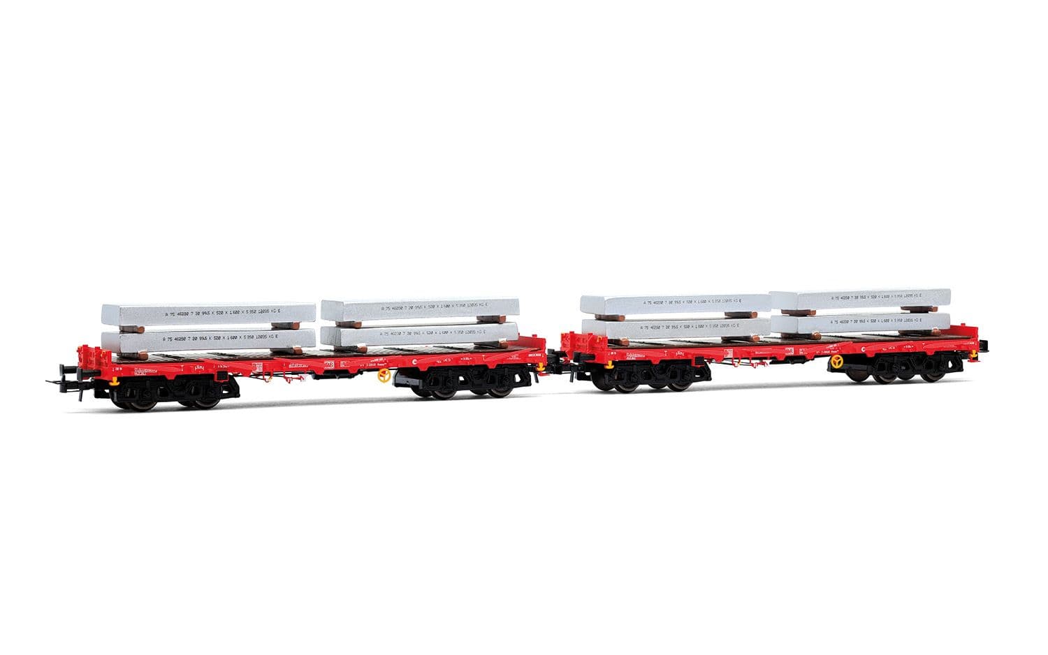 D-DBSR, 2-unit pack of 4-axle flat wagons Rmms, traffic red livery, loaded with aluminum blocks
