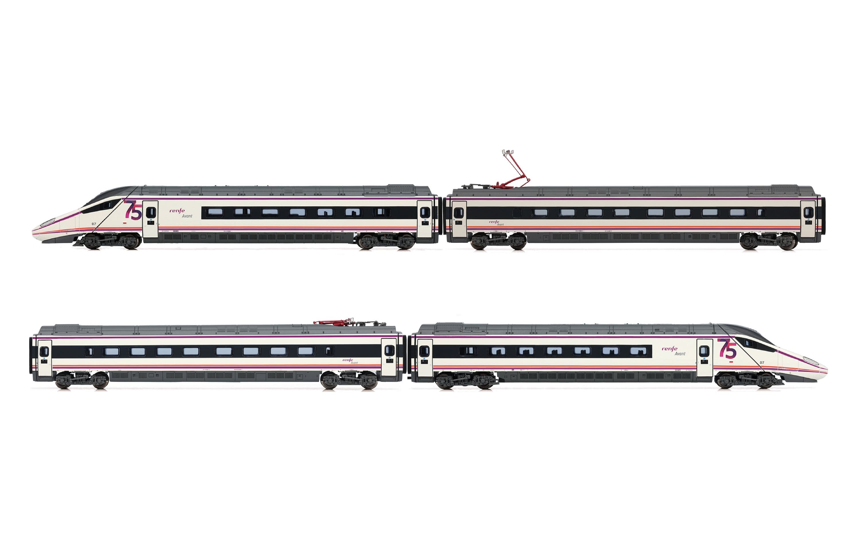 RENFE, set de 4 unidades, automotor eléctrico de alta velocidad S-114, decoración «75 aniversario RENFE», ép. VI