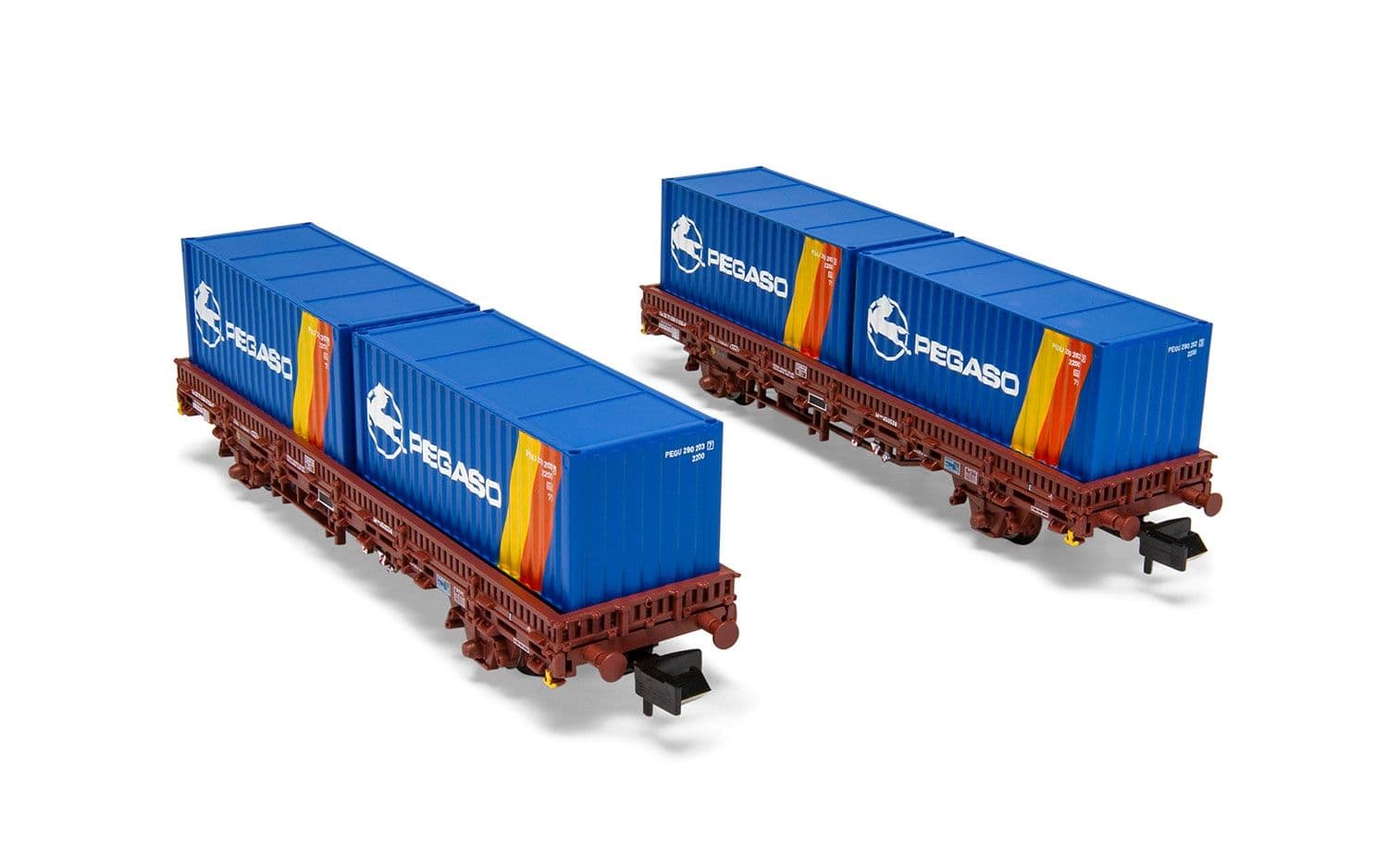 RENFE, set de 2 vagones plataforma 2 ejes, decoración rojo óxido, con carga de dos contenedores "Pegaso", ép. IV