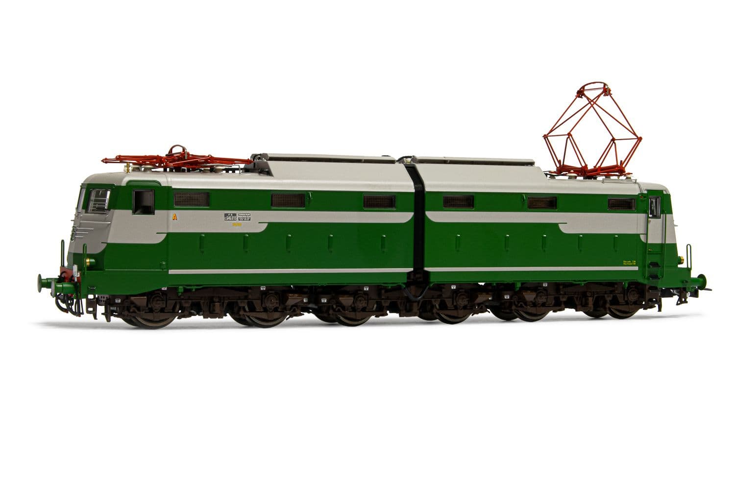 FS, electric locomotive E 646 013 first series, verde magnolia / grigio nebbia livery, high FS logotype on the cabins, pantographs type 42U, period III-IV