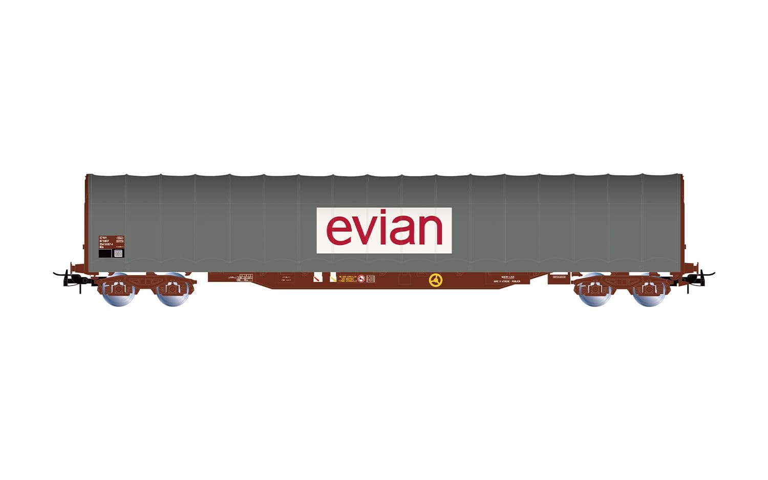 SNCF, 4-axle tarpaulin wagon Rils type, "EVIAN", grey livery
