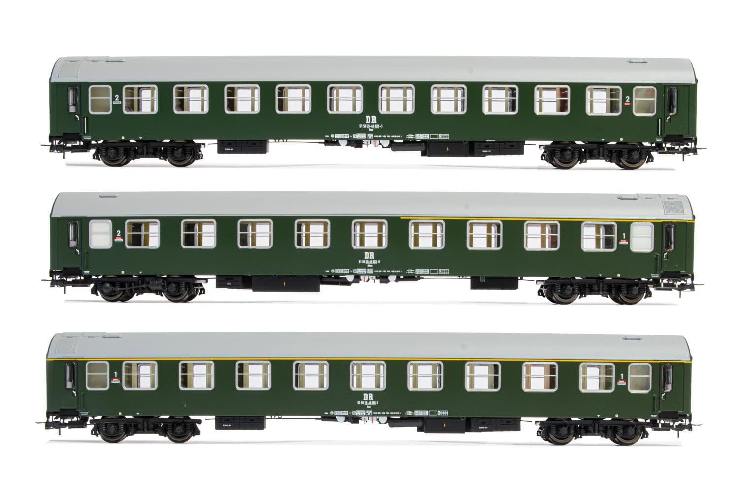 DR, set of 3 coaches "Pannonia Express", 1 x A + 1 x AB + 1 x B, green livery, period IV