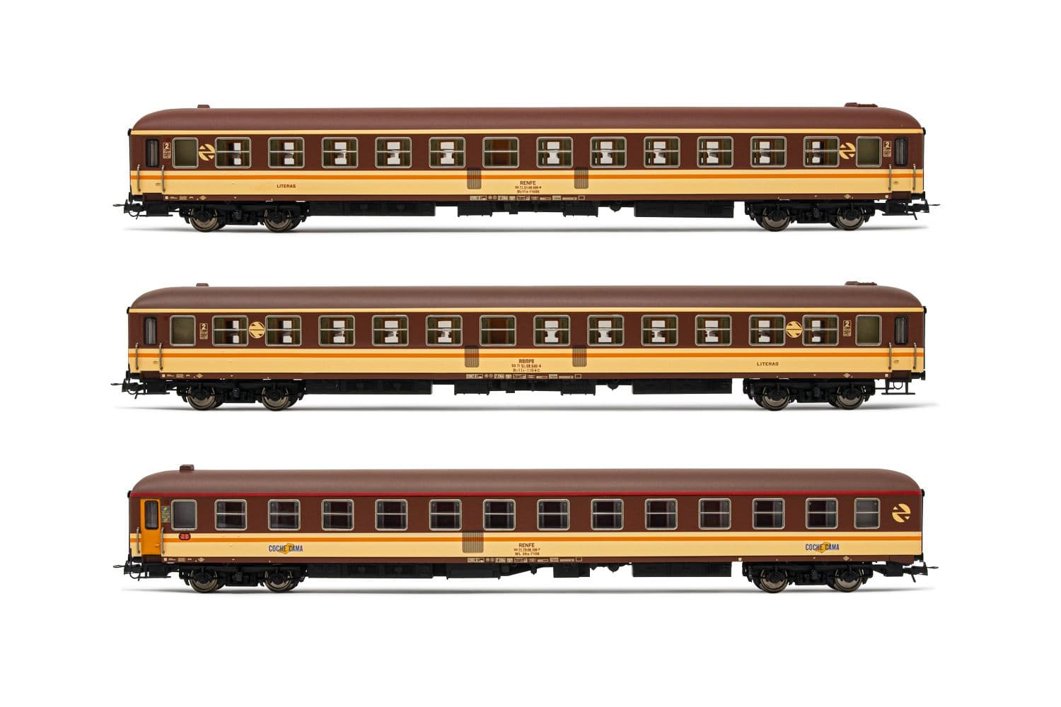 RENFE, set de 3 coches, decoración "Estrella" con bogies originales, compuesto de 2 x coches Bc11x-11600 y 1 x coche cama WL26x-7100, ép. IV. Ejes para sistema AC: HC6102 (10,50 x 24,50 mm)