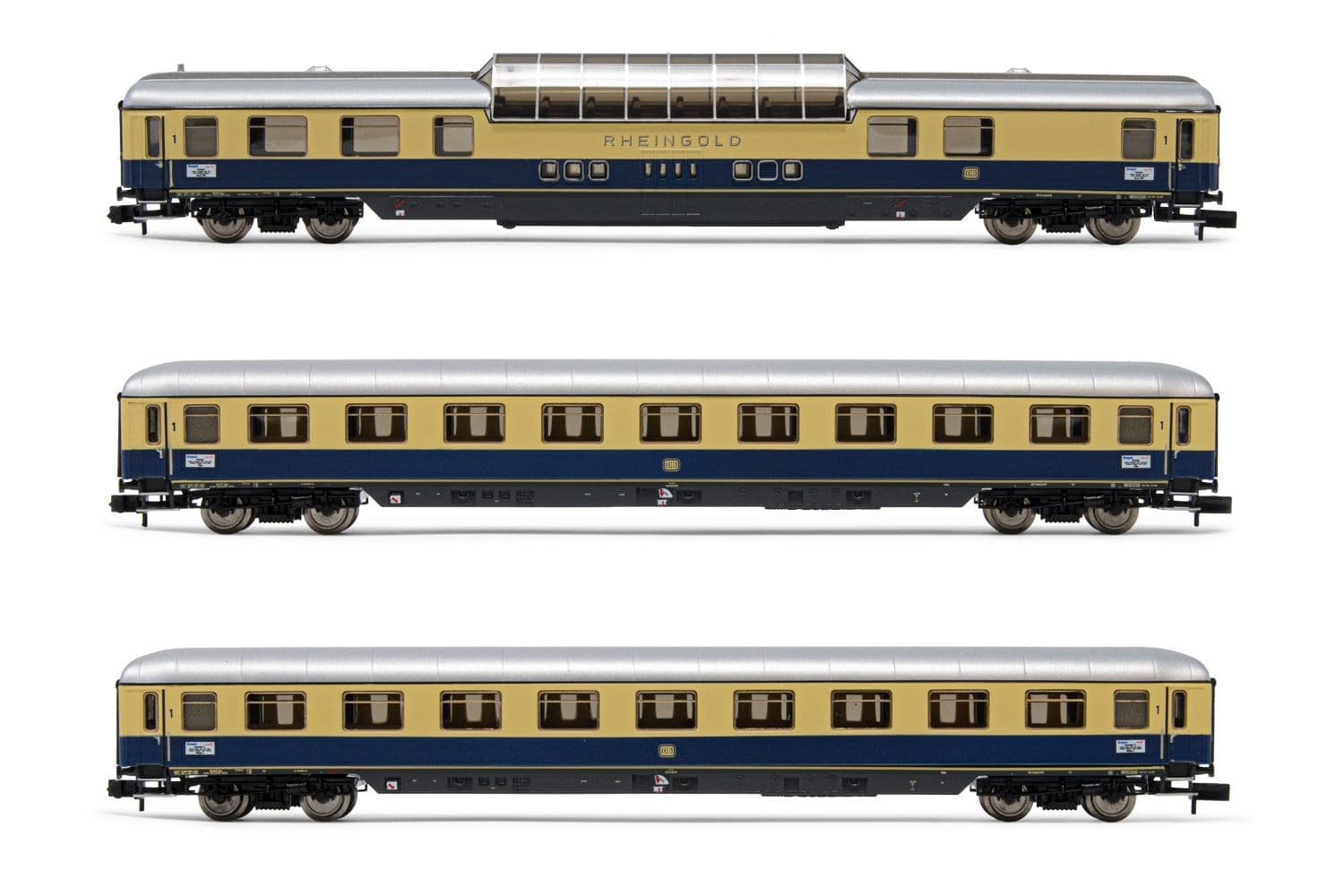 DB, ensemble de 3 voitures "Rheingold", composé de domecar et 2 voitures Avmh, livrée bleue, ép. III