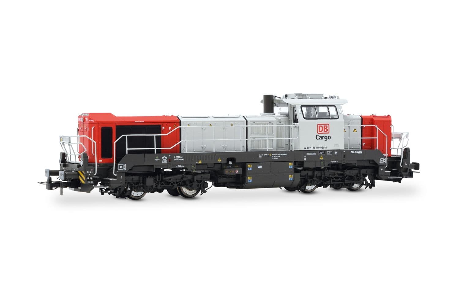DB Cargo, locomotiva diesel-elettrica Vossloh DE 18, livrea rosso/grigio, ep. VI
