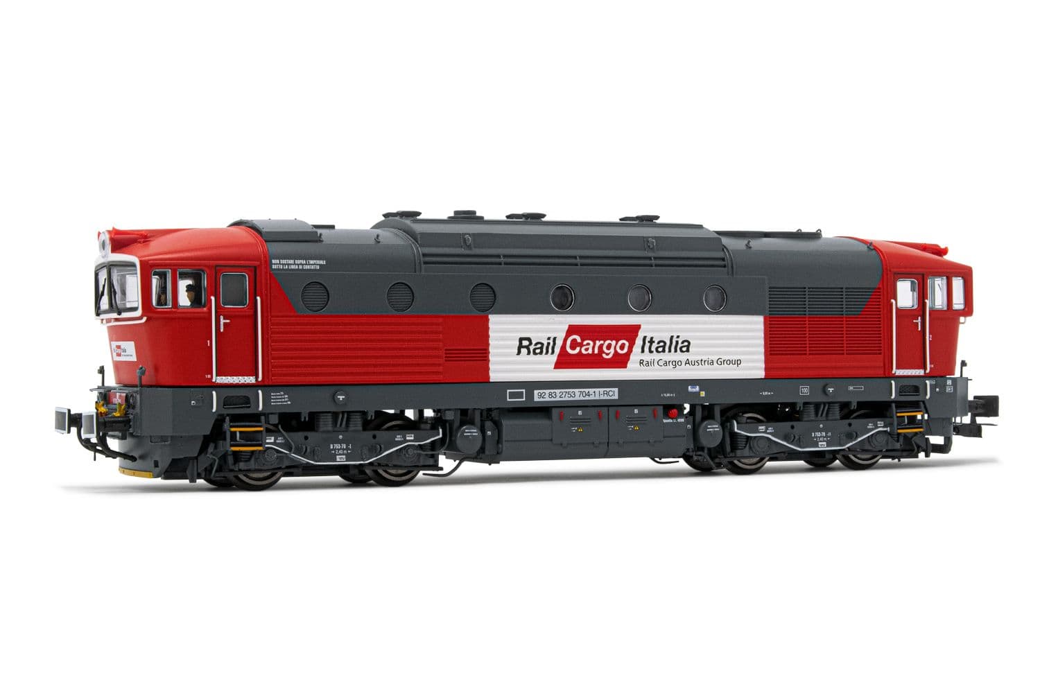 Rail Cargo Italia, diesel locomotive D.753.7, red/light grey livery, period V-VI