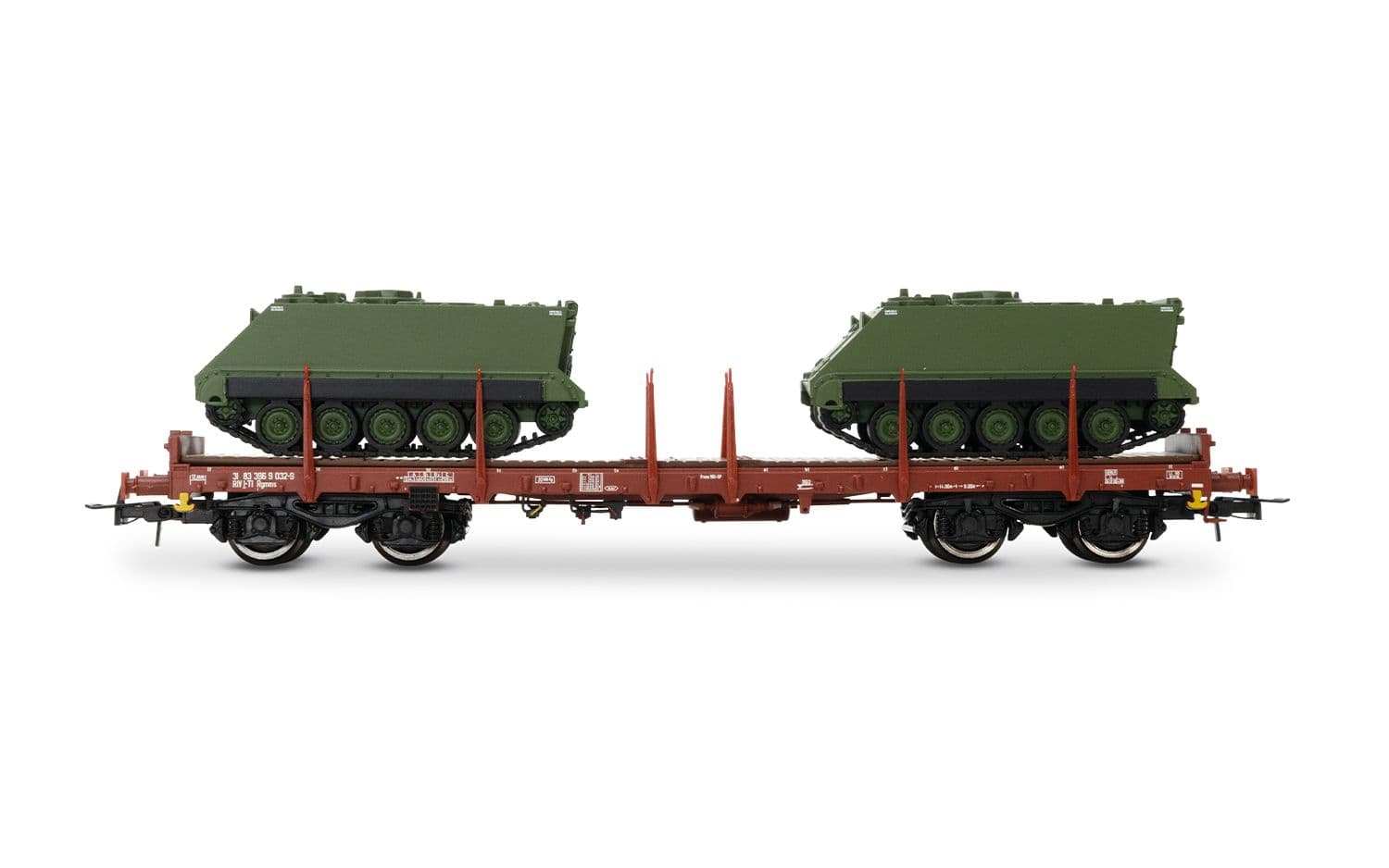 FS, set di 2 carri pianale a 4 assi composto da 1 carro Rgs caricato con 2 container da 20 piedi e 1 carro Rgmms caricato con 2 veicoli militari M113, ep. IV-V