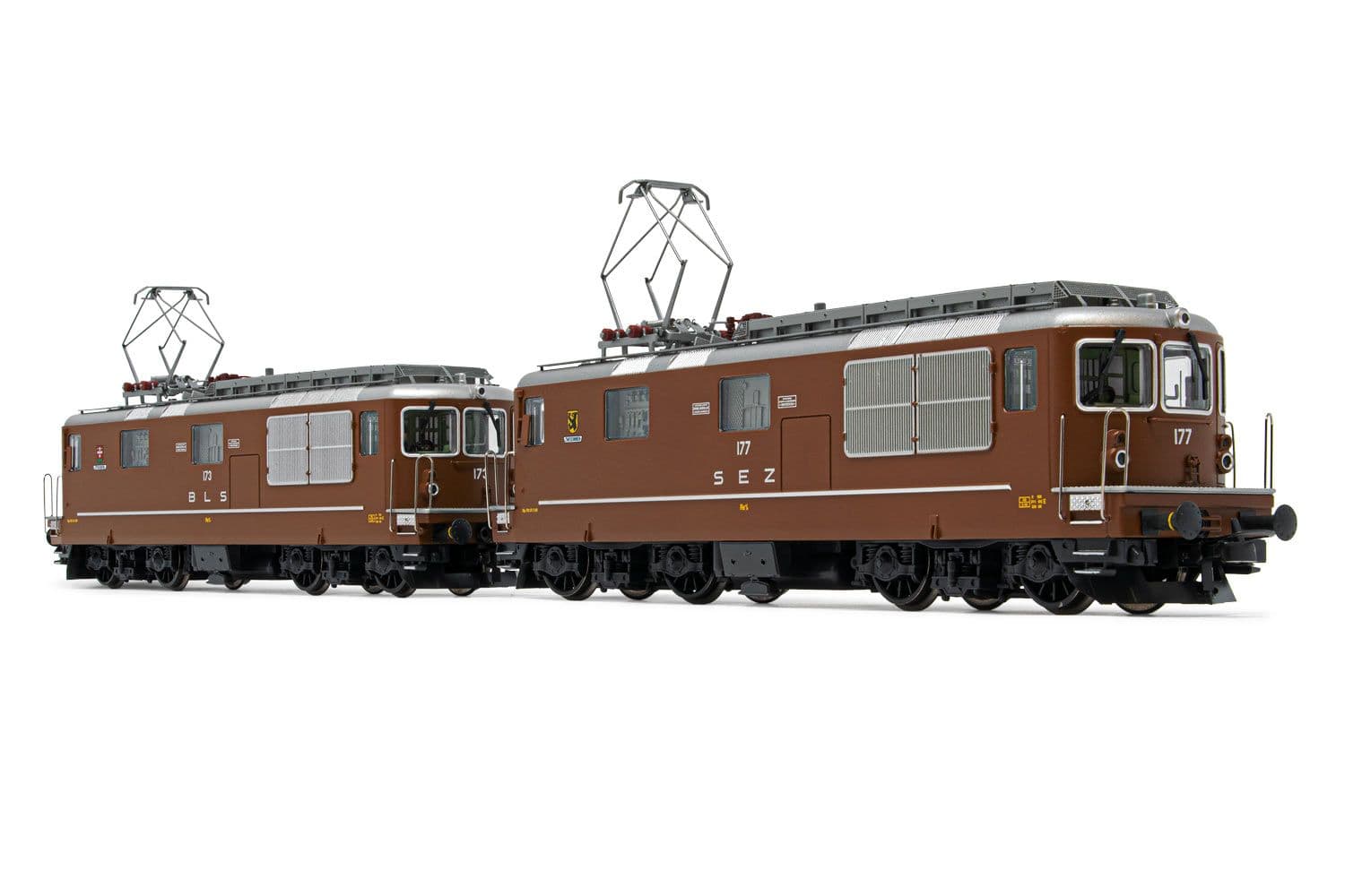 BLS/SEZ, 2-tlg. Set Elektrolokomotiven Re 4/4 in brauner Lackierung, bestehend aus 1 x BLS 173 "Lötschental" und SEZ 177 "Zweisimmen", Ep. IV