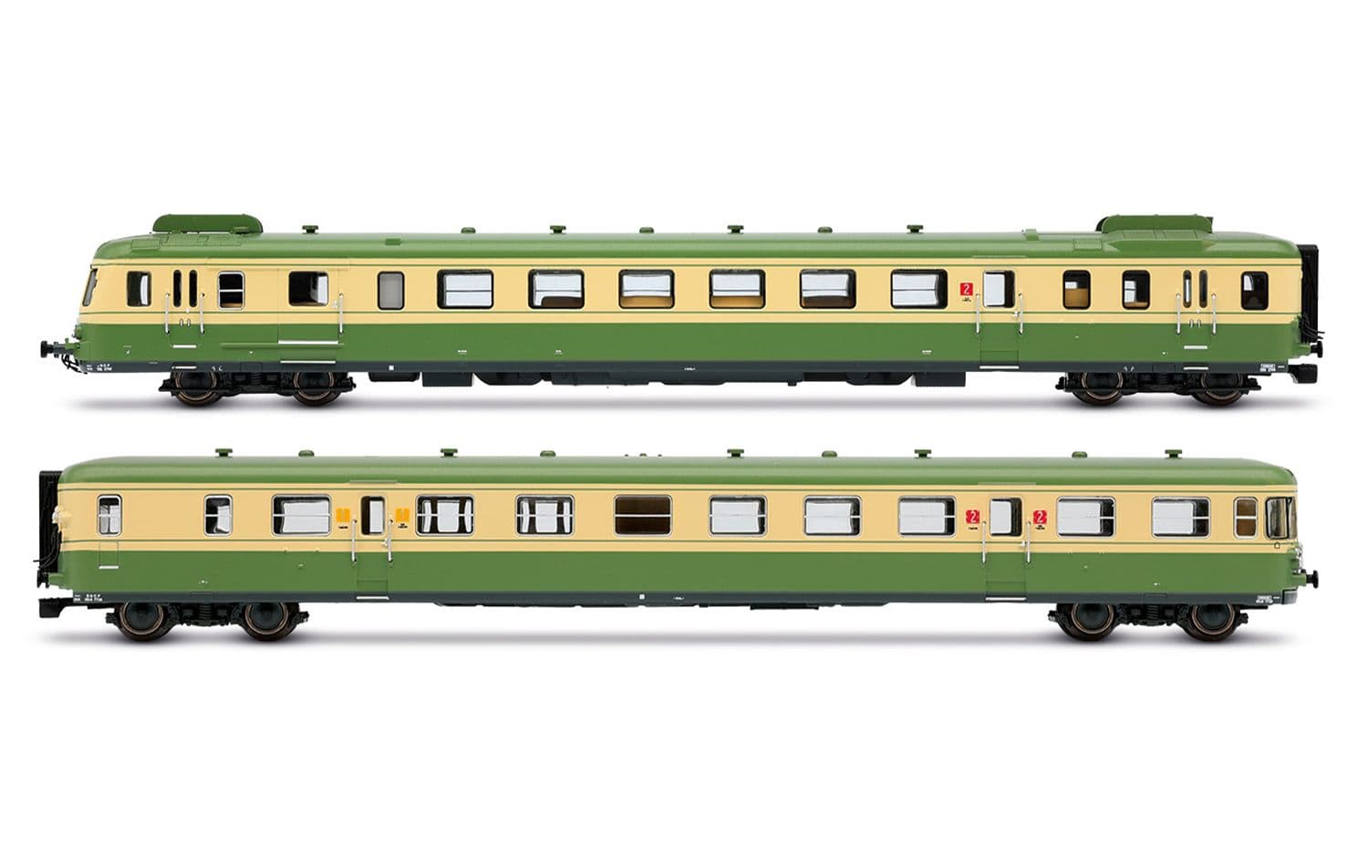 SNCF, Dieseltriebwagen RGP II, Trieb- und Beiwagen in modernisierter Ausführung, grün-beige Farbgebung, Ep. IV