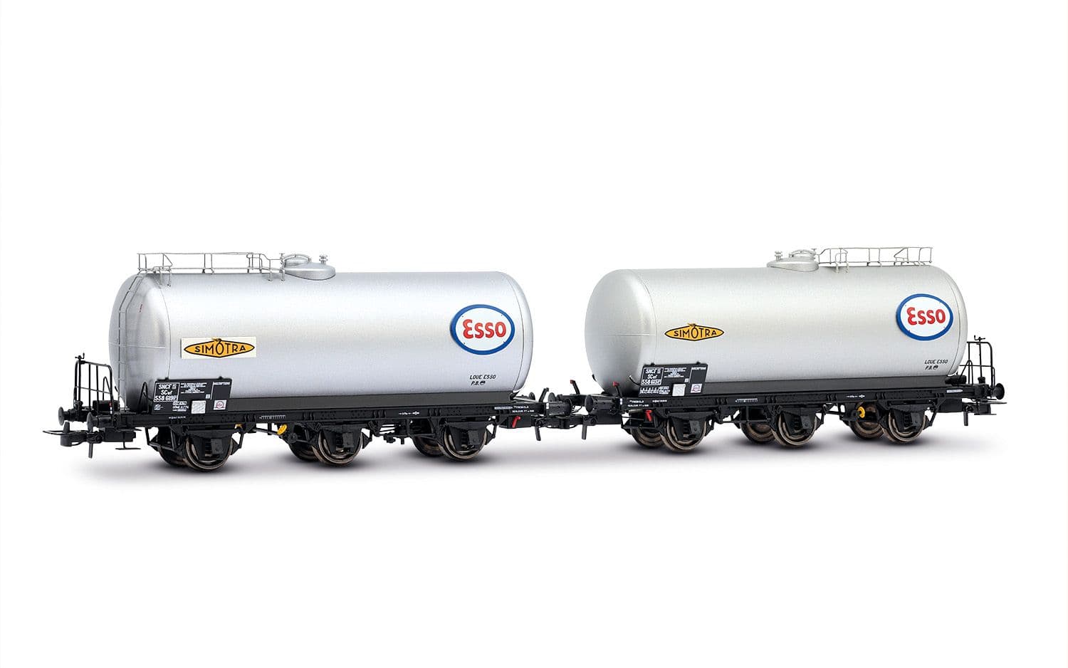 SNCF, 2-unit set of 3-axle tank wagons, "ESSO", silver livery, ep. III
