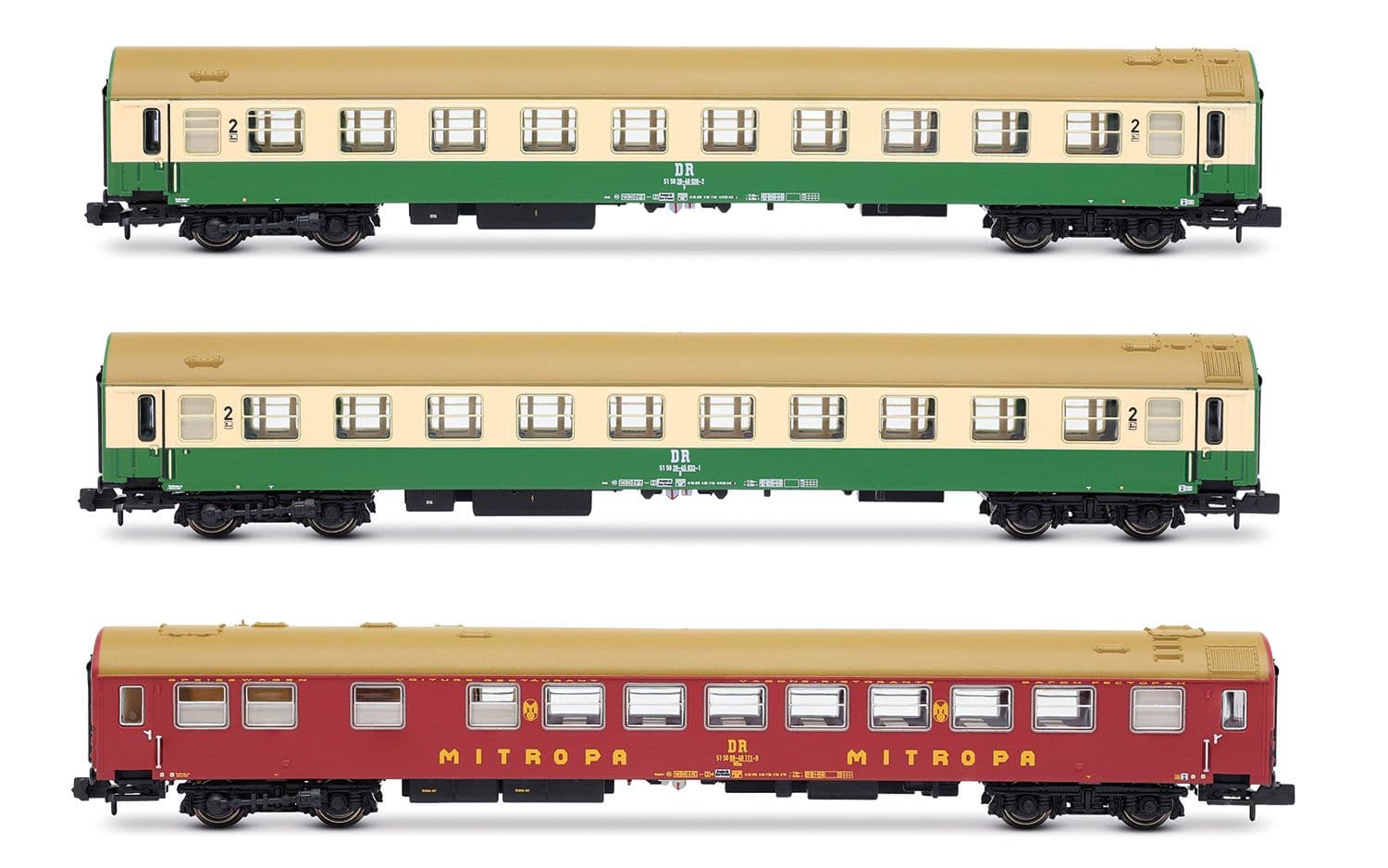 DR, 3-unit set of "OSShD" coaches type B, no. 2/2, consisting of 1 x WR + 2 x B, green/beige livery, ep. IV