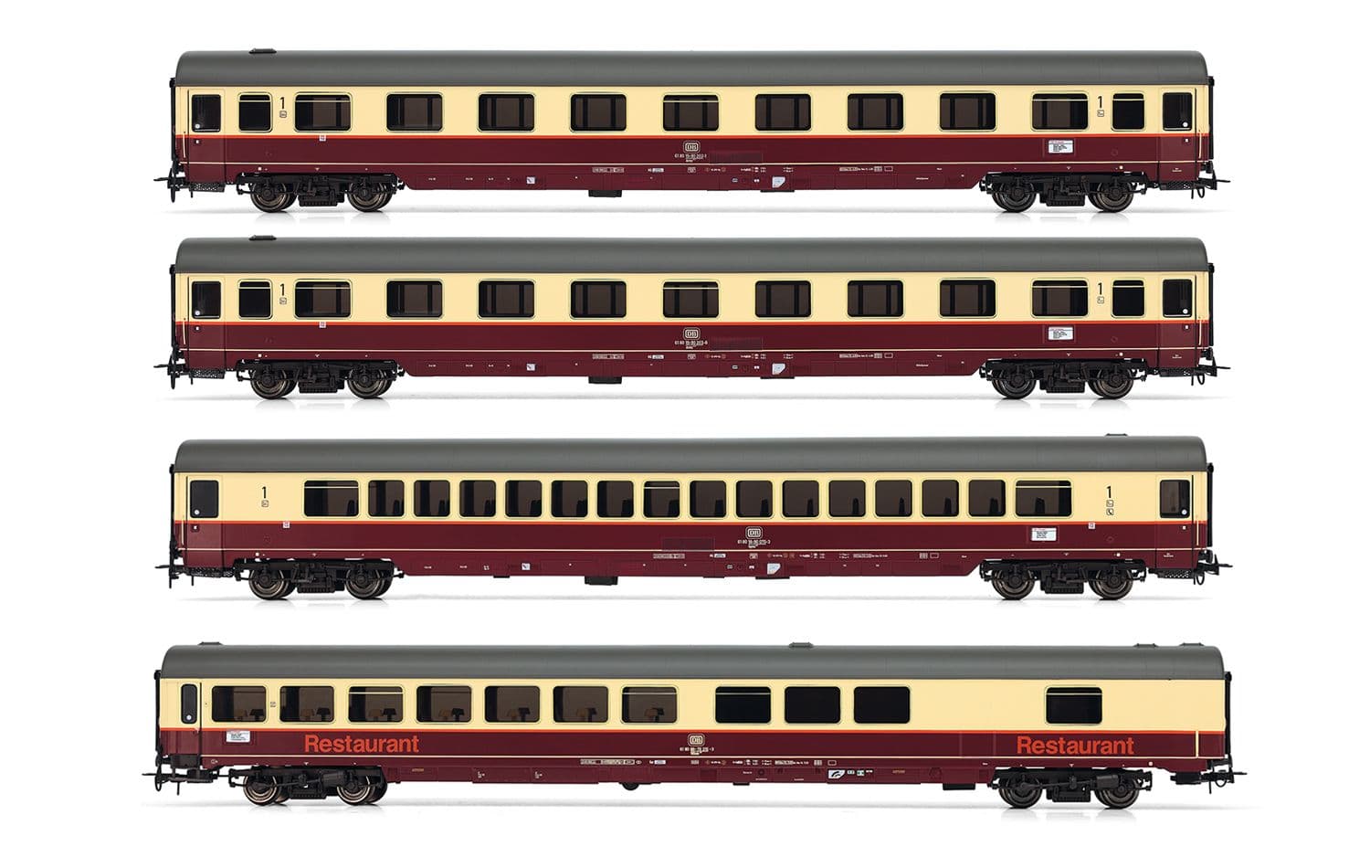 DB, 4-tlg. Set Reisezugwagen „TEE Rheingold", in beige/roter Lackierung, bestehend aus 2 x 1. Kl. Wagen Avmz, 1 x 1. Kl. Wagen Apmz und 1 x Speisewagen WRmh, Ep. IV