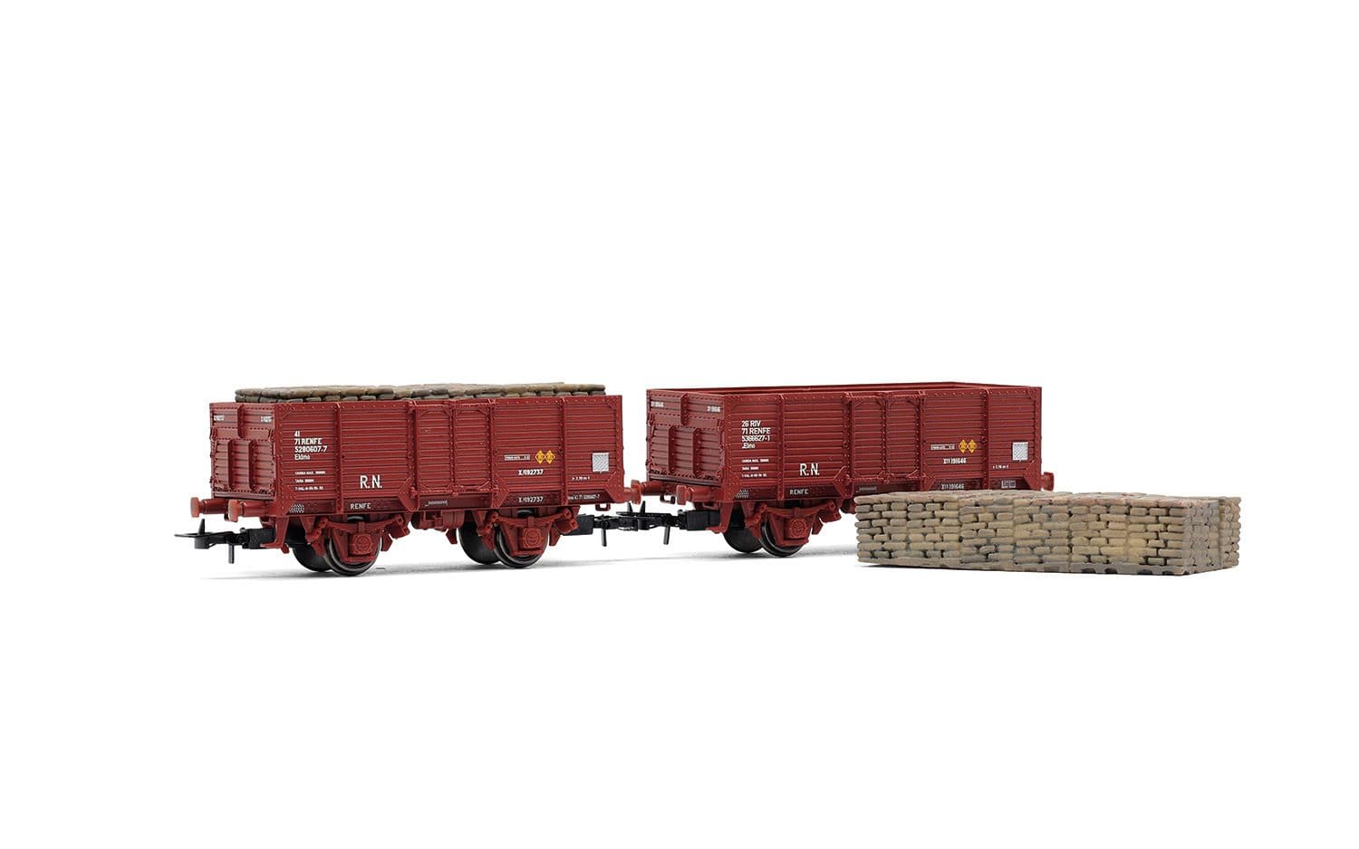 RENFE, set de 2 vagones abiertos de 2 ejes, tipo X unificado corto, cargados con sacos de hoja de tabaco «Tabacalera», decoración rojo óxido
