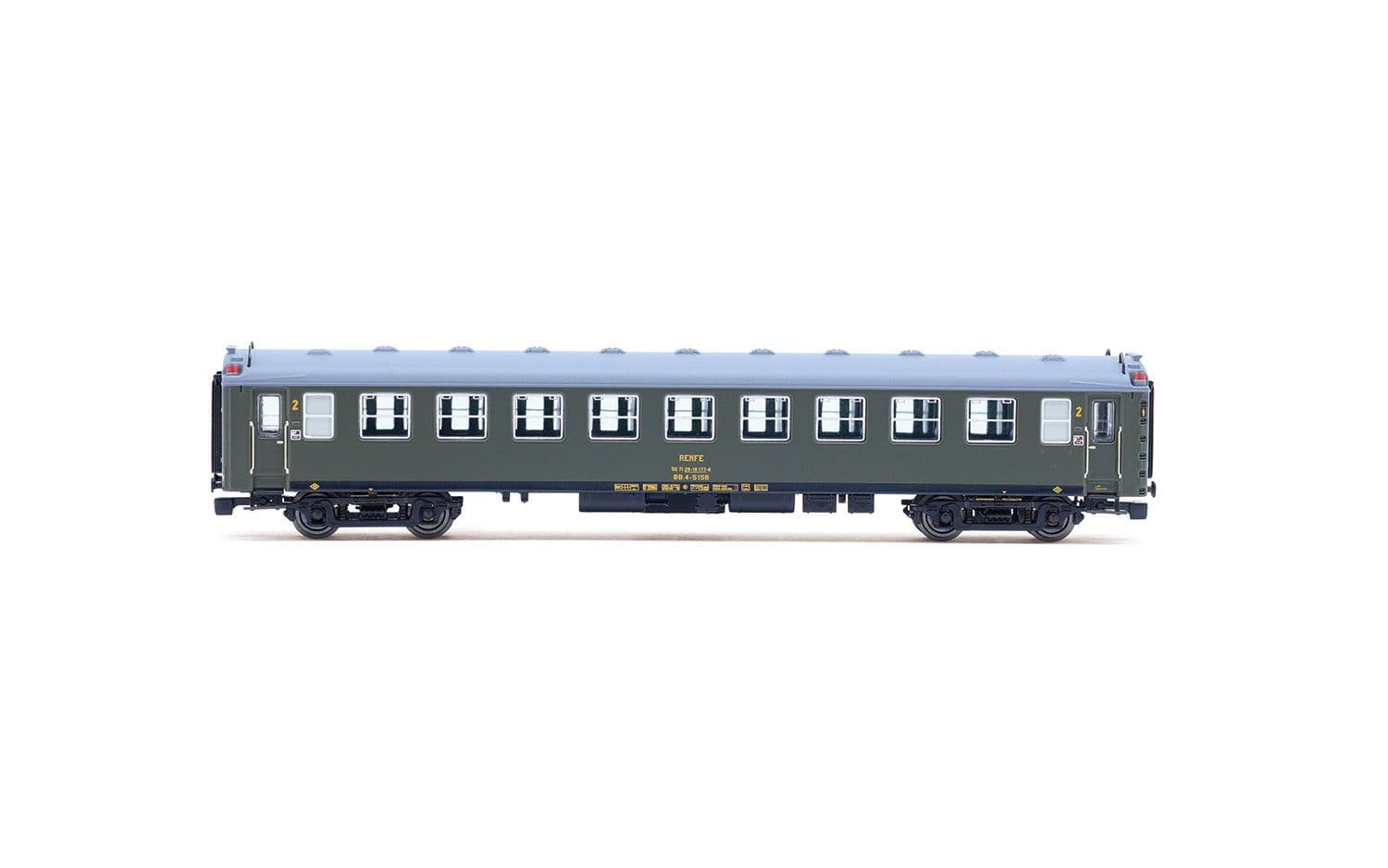 RENFE, set di 2 carrozze serie 5000: 2 x BB4 seconda classe, con soffietti d'origine, livrea verde