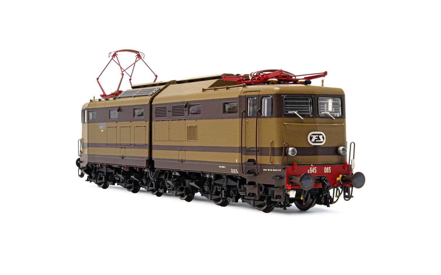 FS, locomotiva elettrica E.645, 2a serie, vetri frontali d'origine, livrea castano/isabella, ep. IV-V