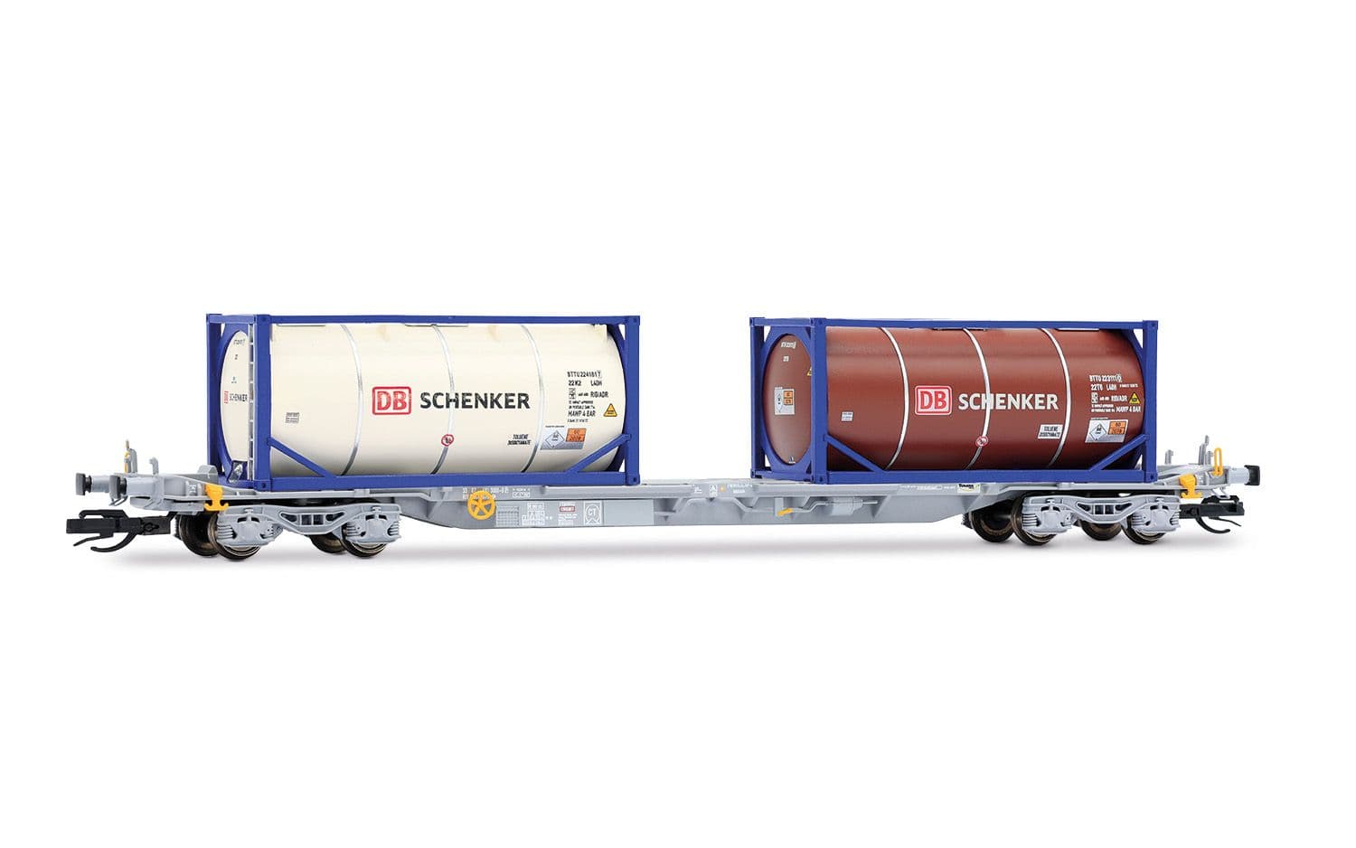 4-achs. Containerwagen, graue Farbgebung, beladen mit 2 x 20'-Tankcontainer „DB SCHENKER“