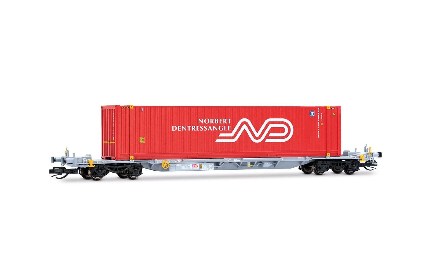 4-achs. Containerwagen, graue Farbgebung, beladen mit 1 x 45'-Container „Norbert Dentressangle“