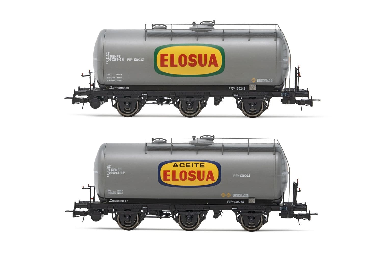 RENFE, 2-unit set of 3-axle tank wagons, grey livery, "Elosua", period IV. Suitable AC wheelsets for this item: HC6101 (11,27 x 24,25 mm)
