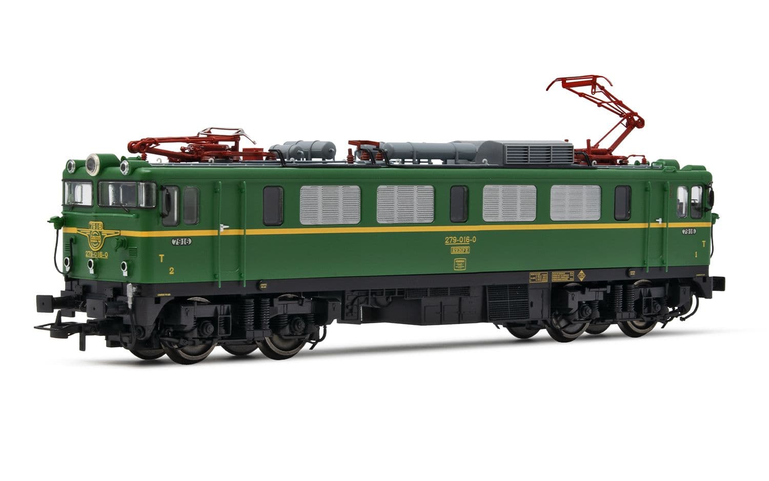 RENFE, locomotora eléctrica clase 279, decoración verde/amarillo, ép. IV