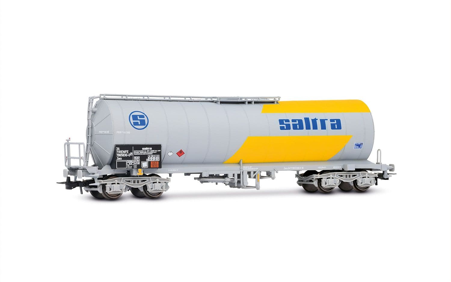 RENFE, 4-axle isolated tank wagon SALTRA for the transport of cianhidric acid, in grey-yellow livery, ep. IV