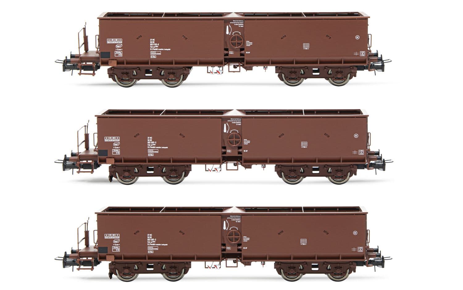 DR, 3-unit set of 4-axle self-discharging wagons Fal-zz, brown livery, period IV. Suitable AC wheelsets for this item: 11,00 x 23,30 mm
