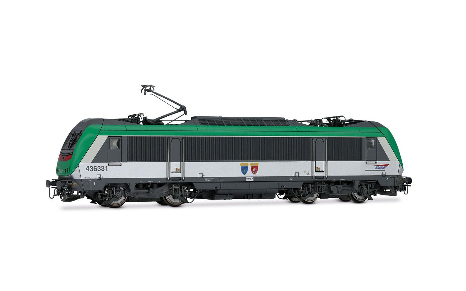SNCF, locomotive électrique tritension « Astride » BB 36031, blasons « Bons-en-Chablais / Castione », livrée fret , ép. V