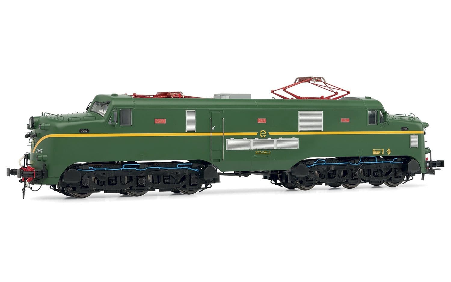RENFE locomotora electrica 277.047, decoración verde/amarillo, ép. IV