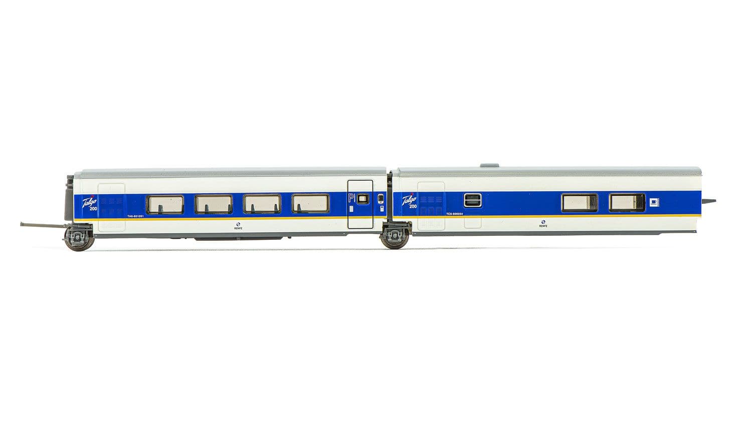 RENFE, 2-unit pack Talgo 200, 1st class + bar coach, white and blue livery with yellow stripe, ep. V
