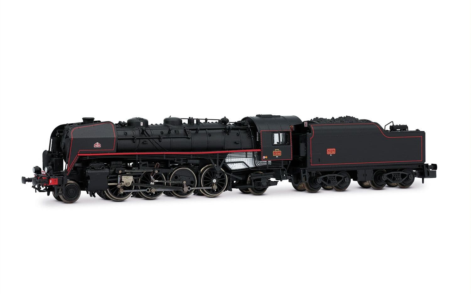 SNCF, Schlepptender-Dampflokomotive 141R 568 mit Speichen- und Boxpok-Rädern und genietetem Kohletender, schwarze Farbgebung mit roten Zierlinien, Ep. III, mit DCC-Sounddecoder