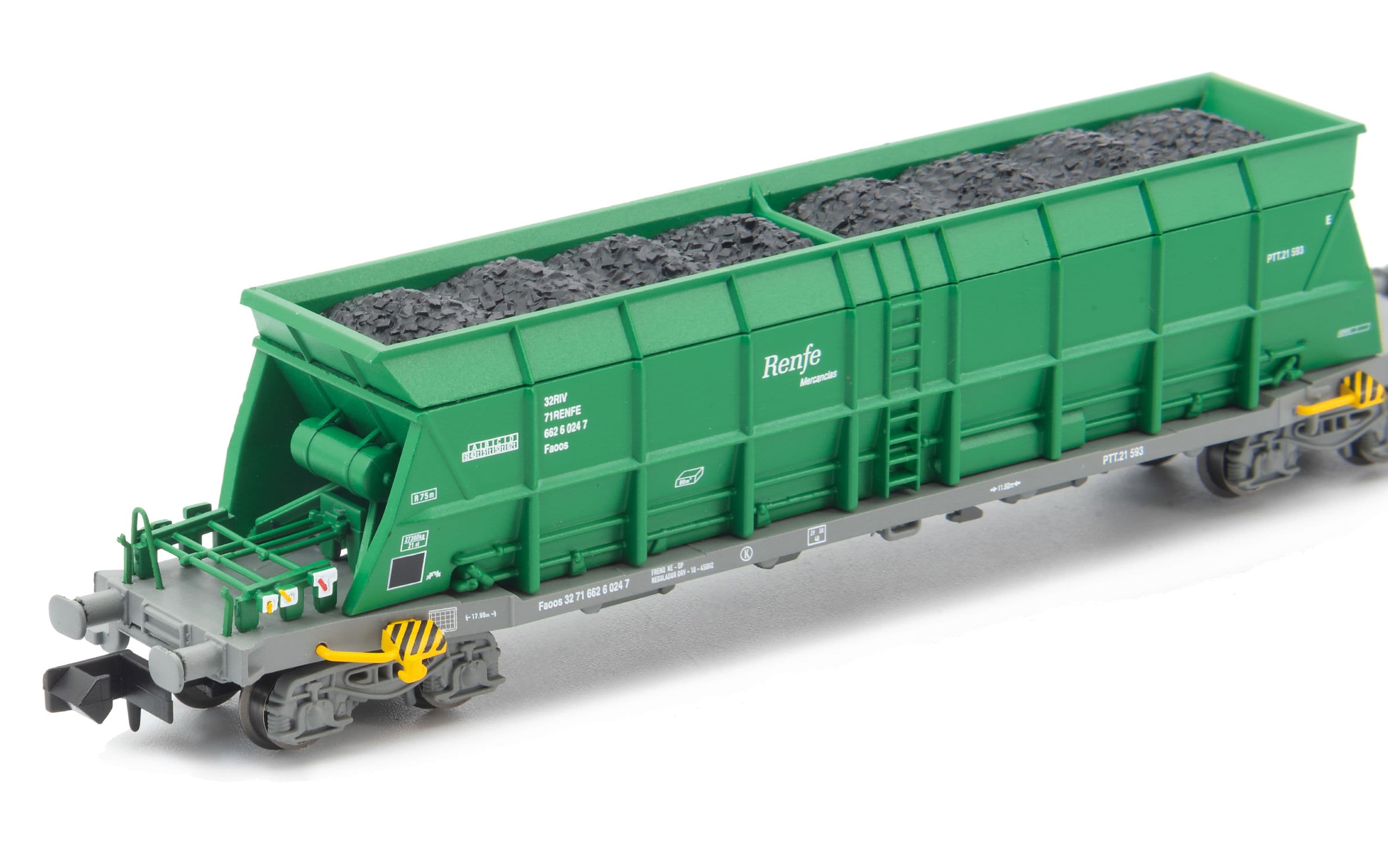 RENFE Mercancías, set de dos vagones tolva tipo Faoos, decoración verde, ép. V-VI